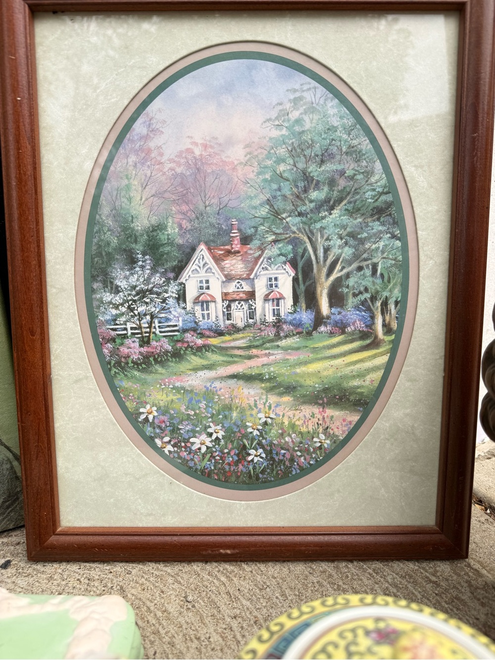 Homco Framed Oval Cottage Print in Green, Pink and Blue